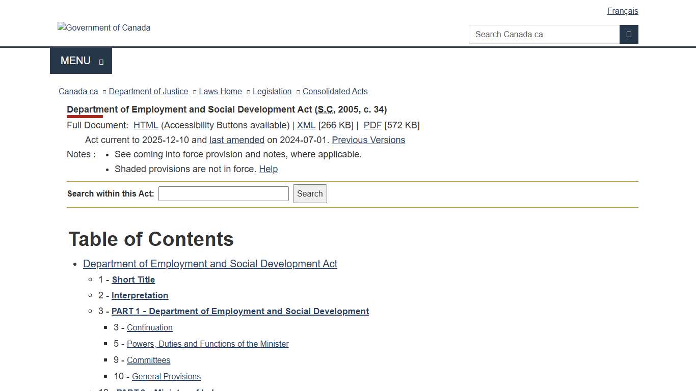 Department of Employment and Social Development Act